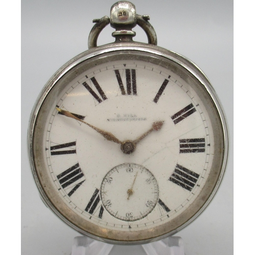 508 - D. Hill, Kirbymoorside, Victorian silver key wound pocket watch, signed white enamel Roman dial, sub... 