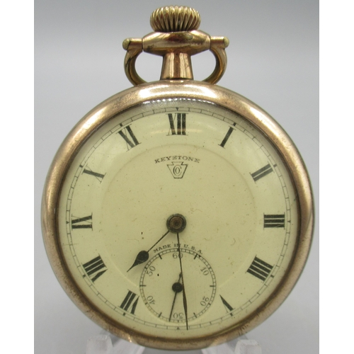 510 - Keystone rolled gold keyless pocket watch, signed stepped Roman dial, subsidiary seconds, Philadelph... 