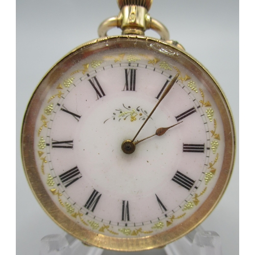 511 - Swiss 14ct gold keyless pin set fob watch, porcelain Roman dial with gilt highlights, bright cut cas... 