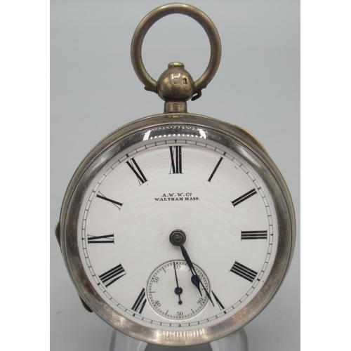 514 - American Watch Co. Edward VII silver key wound pocket watch, signed white enamel Roman dial, subsidi... 