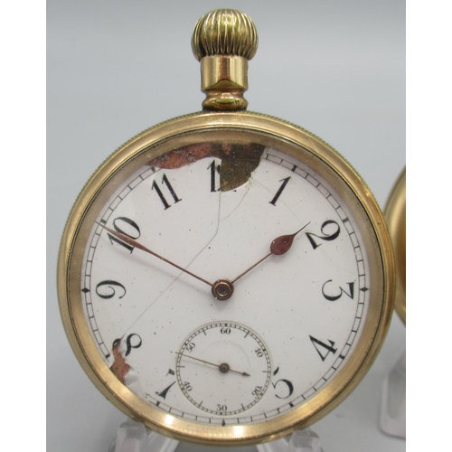 515 - Frigott rolled gold hunter keyless pocket watch, white enamel Roman dial signed Montague Burton Xmas... 