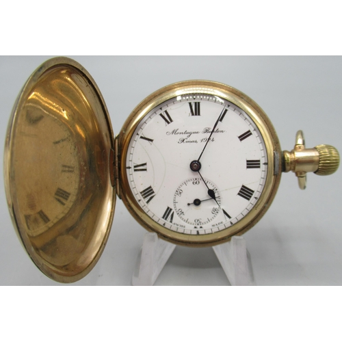 515 - Frigott rolled gold hunter keyless pocket watch, white enamel Roman dial signed Montague Burton Xmas... 