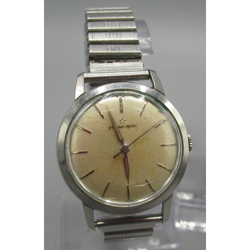 516 - Eterna-Matic chrome automatic wristwatch, signed silvered dial, baton indices, centre seconds, screw... 