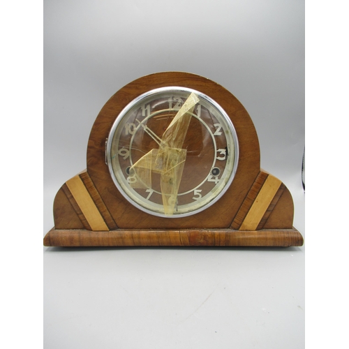 625 - F.H.S. Art Deco walnut mantle clock, applied skeletonised Arabic chapter ring, three train Westminst... 