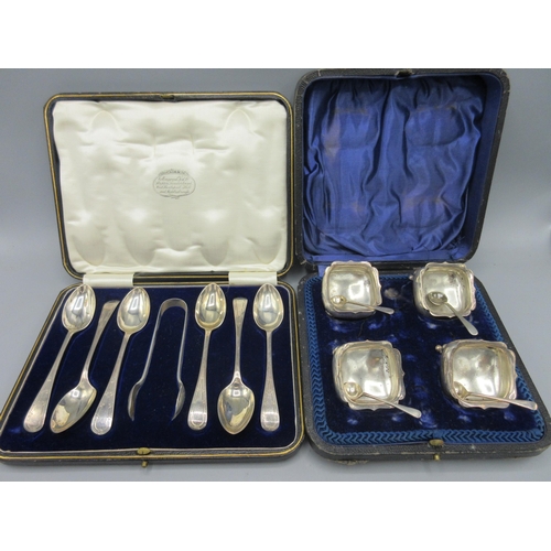 111 - Edwardian cased set of four silver salts in square from with flared rims by Cooper Brothers & Sons L... 