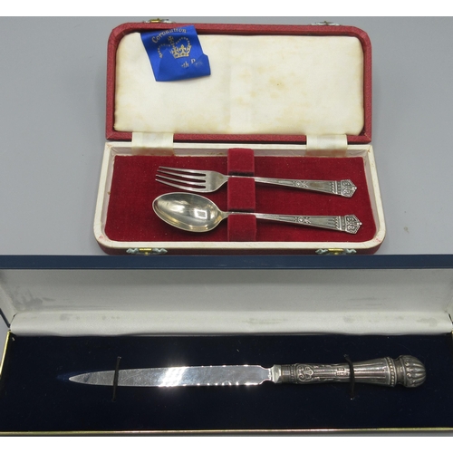 124 - Cased silver Elizabethan coronation fork and spoon by James Dixon & Sons Ltd, Sheffield 1952, and a ... 