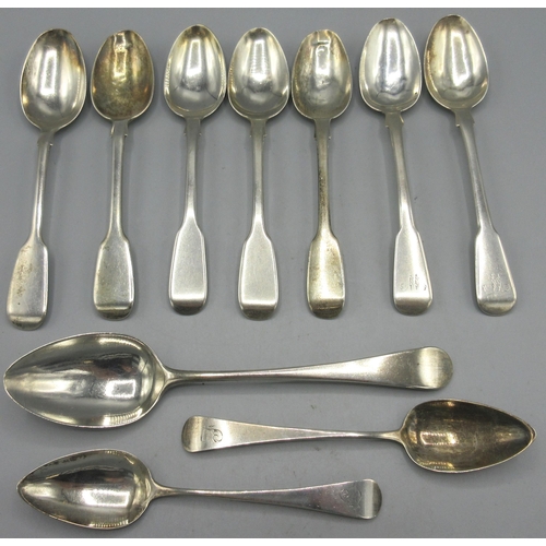 126 - Three Victorian silver fiddle pattern teaspoons by Chawner & Co, London 1849, two George III silver ... 