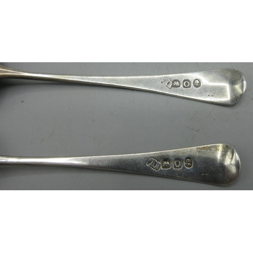 126 - Three Victorian silver fiddle pattern teaspoons by Chawner & Co, London 1849, two George III silver ... 