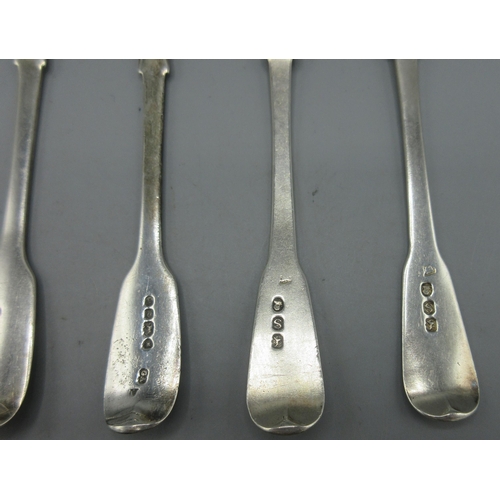 126 - Three Victorian silver fiddle pattern teaspoons by Chawner & Co, London 1849, two George III silver ... 