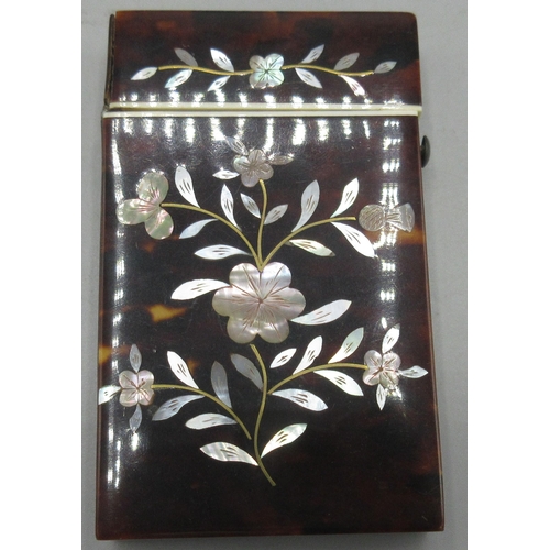 130 - Late 19th / early 20th century tortoiseshell card case with floral inlaid mother of pearl decoration... 