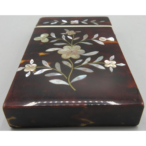 130 - Late 19th / early 20th century tortoiseshell card case with floral inlaid mother of pearl decoration... 