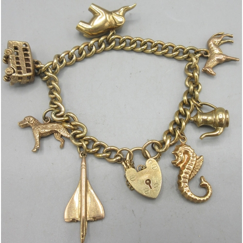 279 - 9ct rose gold charm bracelet with heart padlock and safety chain, each charm stamped 9ct, 29.6g