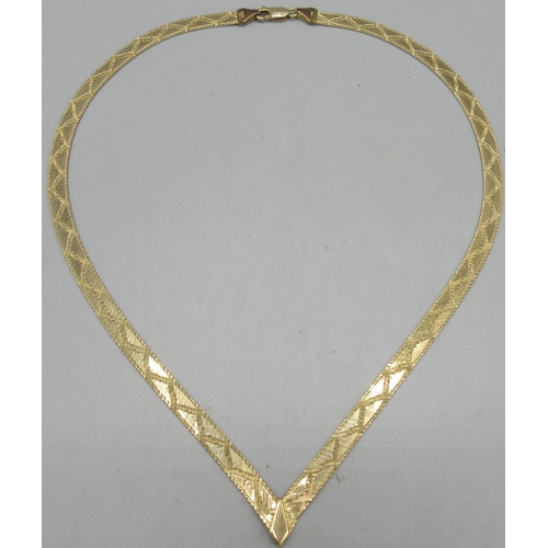 285 - 9ct yellow gold flat herringbone style wishbone necklace, stamped 375, approximate L41cm, 10.4g