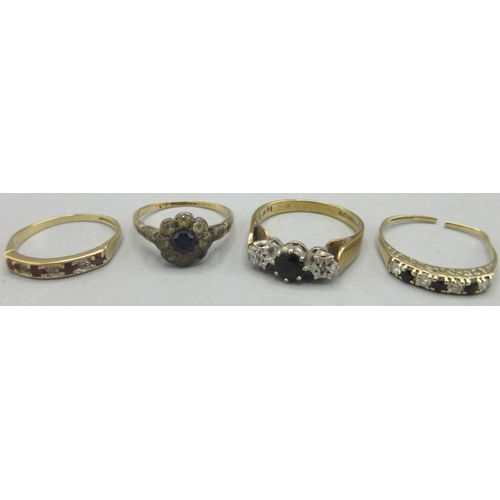 291 - 9ct yellow gold ring set with central sapphire flanked either side by diamonds in an illusion settin... 