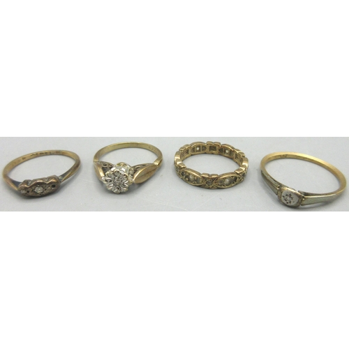 292 - 9ct yellow gold ring set with singular diamond in an illusion setting, size I1/2, a 9ct yellow gold ... 