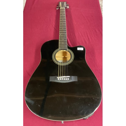 214 - Axman semi acoustic six string guitar with built in tuner, model number 67280, with soft case