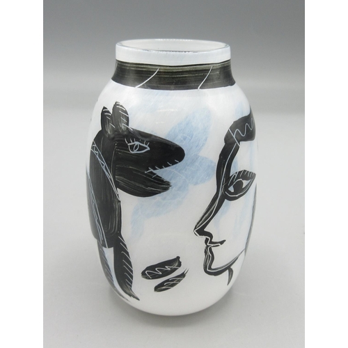 77 - Kosta Boda caramba vase by Ulrica Hydman-Vallien, partially opaque white glass with imagery of a two... 