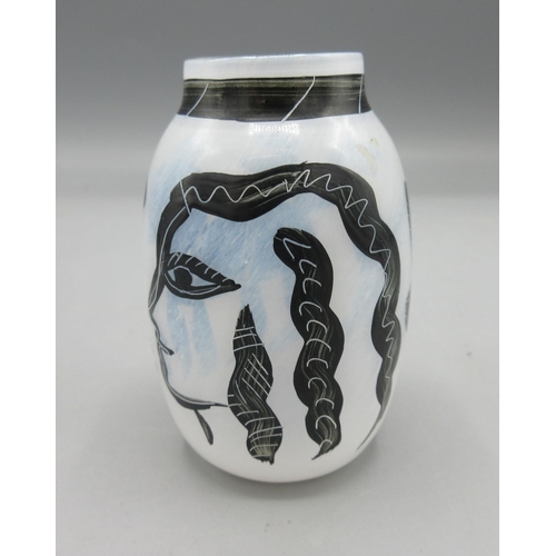 77 - Kosta Boda caramba vase by Ulrica Hydman-Vallien, partially opaque white glass with imagery of a two... 