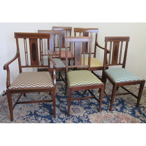 586 - Set of six (4+2) Edwardian boxwood strung mahogany dining chairs, with shaped top rails, solid splat... 