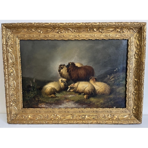 543 - Follower of Thomas Sidney Cooper; Moorland sheep in a landscape, oil on canvas, 48cm x 74cm