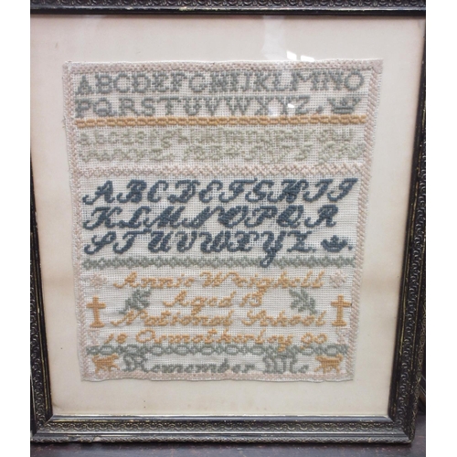 544 - WITHDRAWN - Victorian sampler, worked in coloured wools with the alphabet by Annie Weighall, Nationa... 