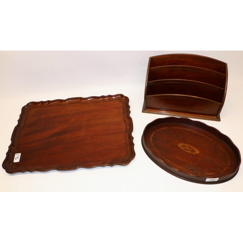 296 - Mahogany letter rack with brass inlay, W30.5cm, and two mahogany trays, max. W48cm (3)