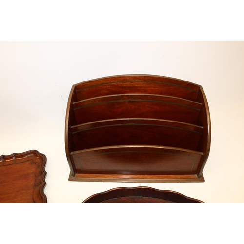 296 - Mahogany letter rack with brass inlay, W30.5cm, and two mahogany trays, max. W48cm (3)