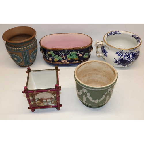 298 - Doulton Lambeth siliconware jardiniere, H20cm; Wedgwood green jasperware jardiniere; George Jones st... 