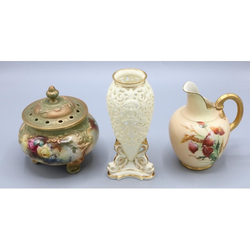 304 - Grainger Worcester reticulated vase, mounted on three dolphin supports, H15cm; Royal Worcester pot p... 