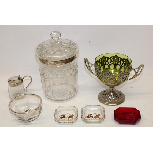 319 - Collection of glassware incl. two intaglio cut and reverse painted octagonal salts depicting polo pl... 