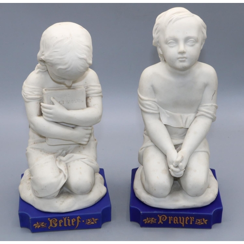 320 - Pair of Victorian Minton Parian porcelain figures of kneeling children, with blue plinths inscribed ... 