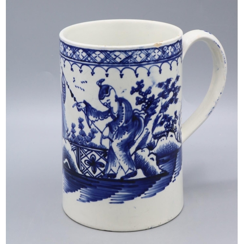 324 - English 18th century blue and white tankard decorated in Chinoiserie style, with a fisherman and pag... 