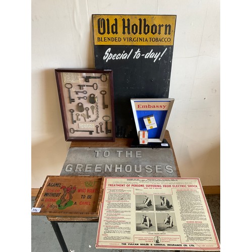 776 - Various decorative signs incl. Old Holborn Blended Virginia Tobacco, collection of keys and locks in... 