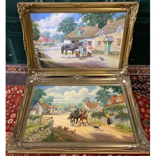 410 - S K Mitchell (Contemporary); Heavy Horses on a village street pair of oils on canvas, oil on canvas,... 