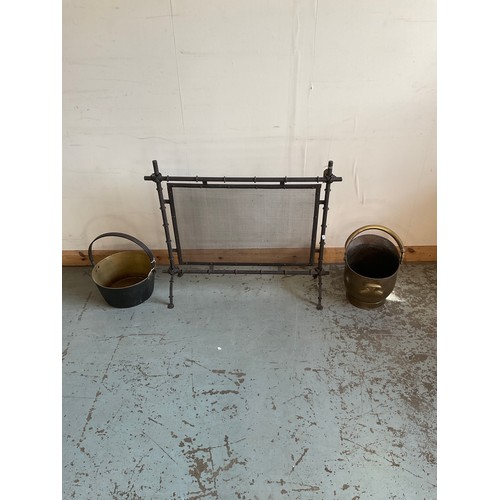 778 - Fire guard, brass coal bucket and a second metal bucket with handle