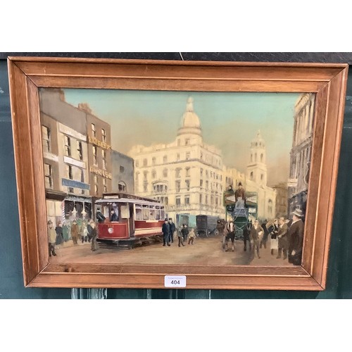 404 - Ray Ross (British 20th century); 'LCC F. Class Car No. 558 unloading at the Angel' oil on board, sig... 