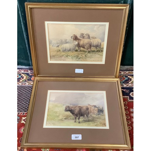 397 - William Henry Pigott (1810-1901); Highland Cattle & Sheep, pair of watercolours, signed and dated 18... 