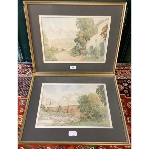 399 - English School (20th century); Village street scenes, pair of watercolours, indistinctly signed J, ?... 