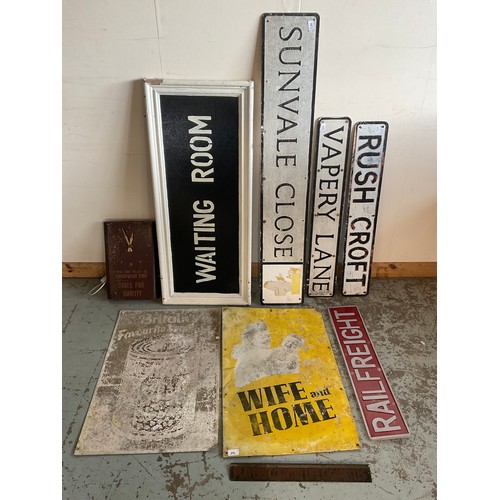 783 - Various decorative metal signs, including advertising and road signs and a Dukes advertising clock (... 