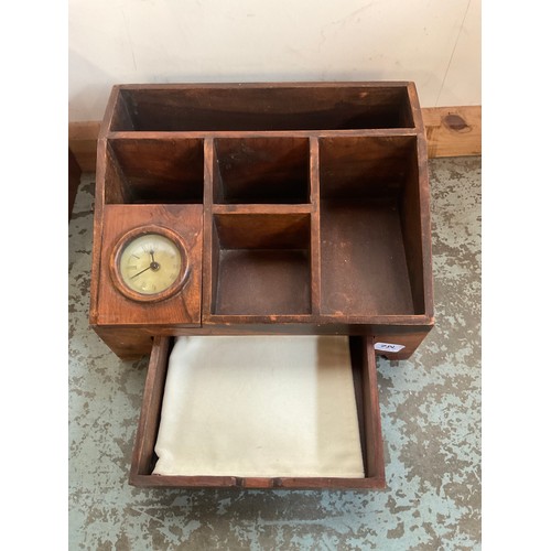 782 - Collection of wooden items including a garderners organiser and a desk organiser with an inset clock