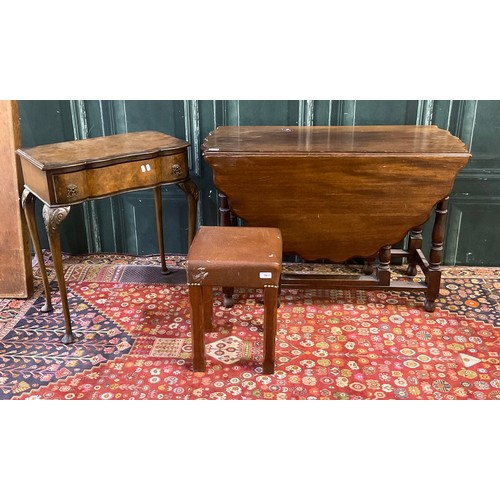 70 - Gateleg table, oak stool with faux leather covered seat, and a reproduction walnut veneered lowboy, ... 