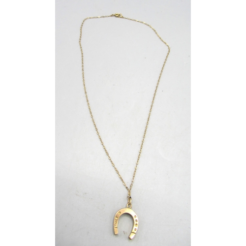 10 - 9ct yellow gold horseshoe pendant on 9ct gold chain, stamped 375 and 9ct, 3.77g