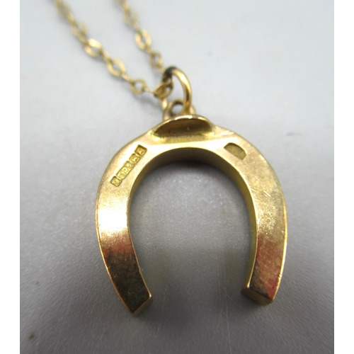 10 - 9ct yellow gold horseshoe pendant on 9ct gold chain, stamped 375 and 9ct, 3.77g