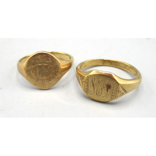 14 - 9ct yellow gold signet ring, the oval face engraved with initials, size K1/2, and another similar ri... 