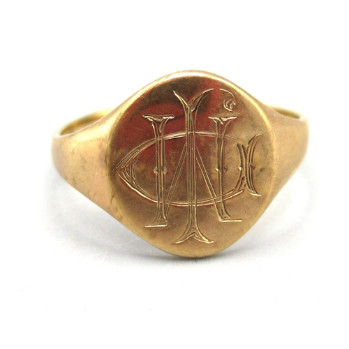 14 - 9ct yellow gold signet ring, the oval face engraved with initials, size K1/2, and another similar ri... 