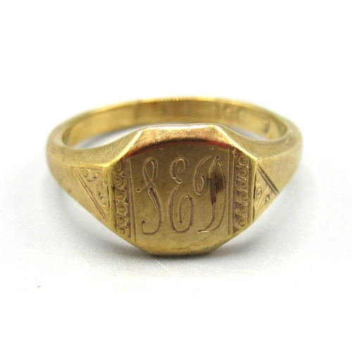 14 - 9ct yellow gold signet ring, the oval face engraved with initials, size K1/2, and another similar ri... 