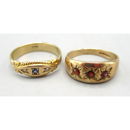 15 - 9ct yellow gold gypsy ring set with three rubies in star settings, size J1/2, and another similar ri... 