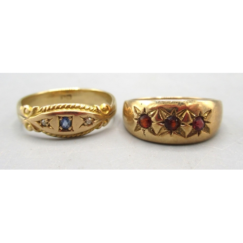 15 - 9ct yellow gold gypsy ring set with three rubies in star settings, size J1/2, and another similar ri... 