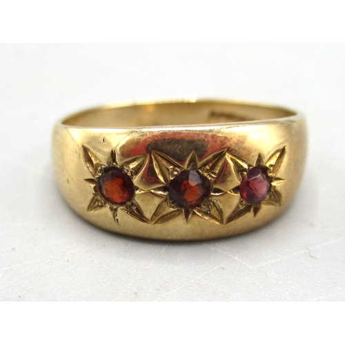 15 - 9ct yellow gold gypsy ring set with three rubies in star settings, size J1/2, and another similar ri... 