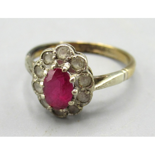 155 - Antique 9ct yellow gold cluster ring set with ruby and clear stones, size I1/2, 9ct yellow gold ring... 